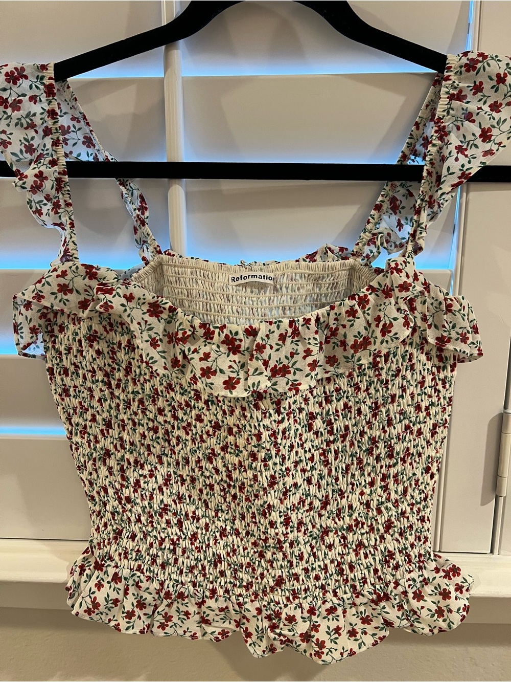 Reformation White Red Floral Smocked Camisole